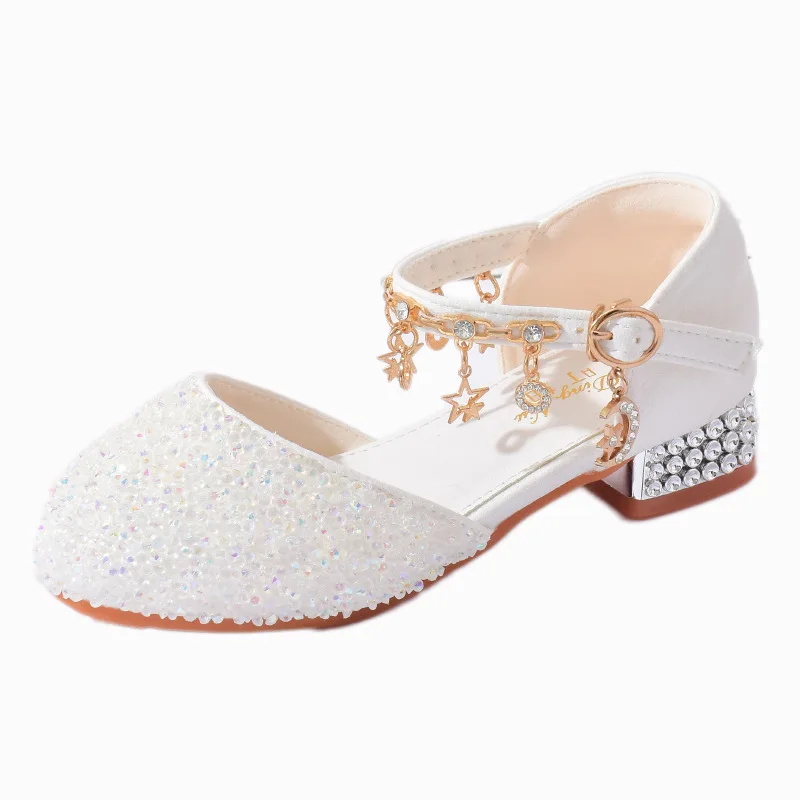 Children's Diamond Wedding High Heels Sequin Crystal Princess Leather Shoes Girls sandals Kids Evening Dress Performance Shoe