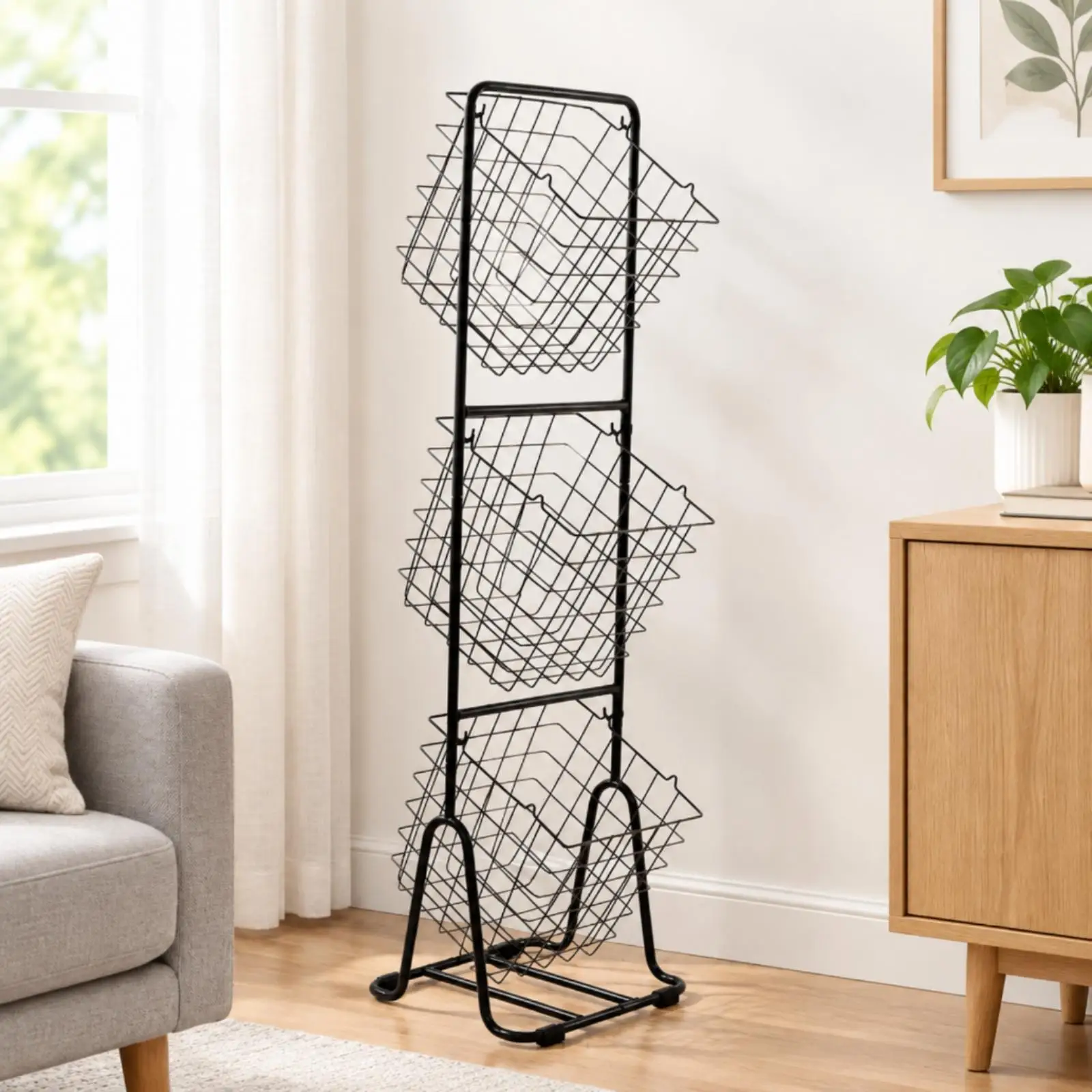 Kitchen Storage Shelf Wire Rack Freestanding Black Metal Basket Organizer Vertical Multilevel Stand for Pantry Vegetables Fruits