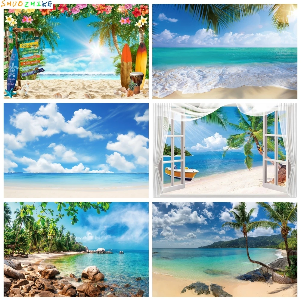

Summer Beach Seaside Backdrop for Photography Blue Ocean Hawaii Tropical Palm Tree Baby Birthday Holiday Party Photo Background