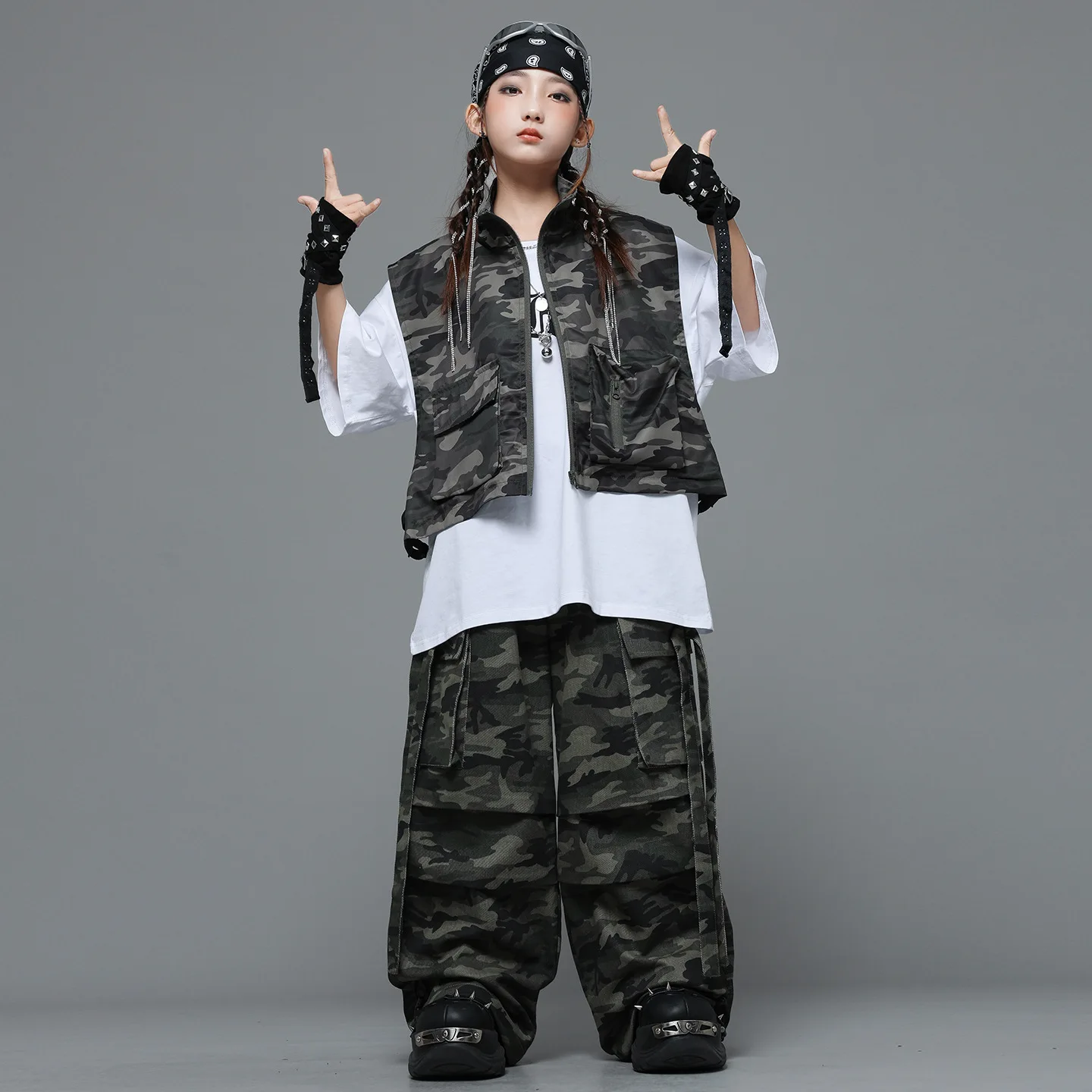 طفل Kpop الهيب هوب الملابس كامو جاكيت بلا إكمام سترة المحملة حزام غير رسمي المظلة البضائع السراويل لفتاة صبي ملابس رقص الملابس