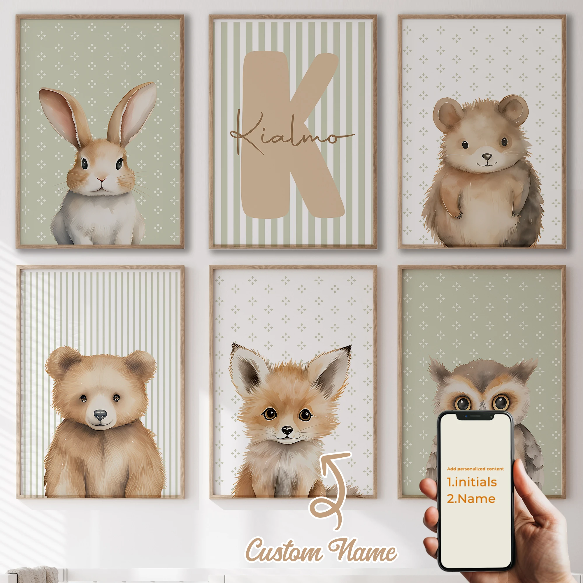 6 stücke Personalisierte Benutzerdefinierte Name Cartoon Kind Tier Wand Kunstdruck Bild Leinwand Poster Malerei Für Wohnzimmer Wohnkultur