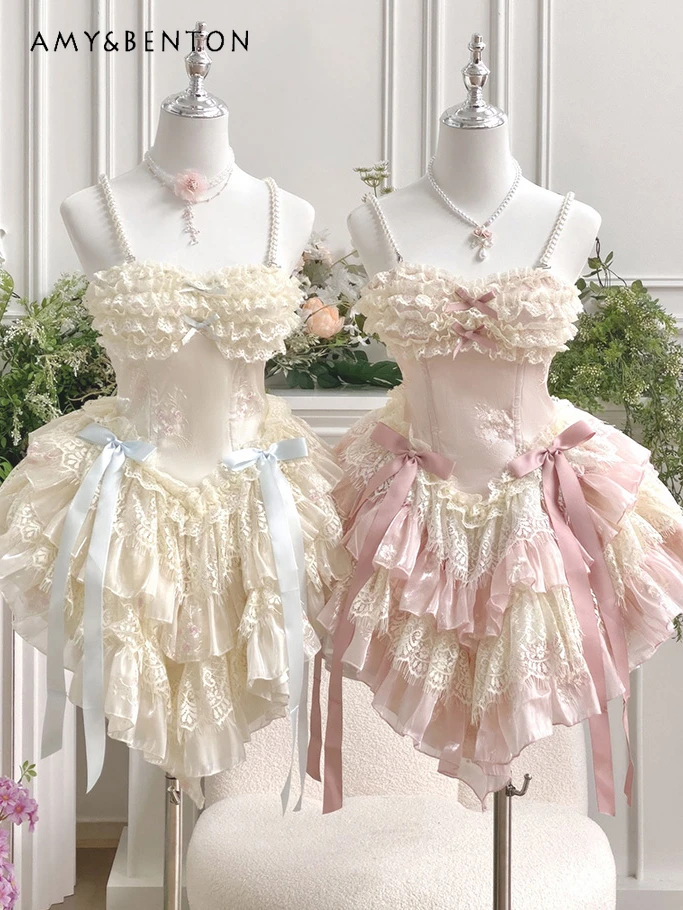 Sweet Princess Lolita Dresses Summer High-Grade Heavy Industry Pearl Shoulder Strap Lace Bow Multi-Layer Dress Sexy Mini Dress