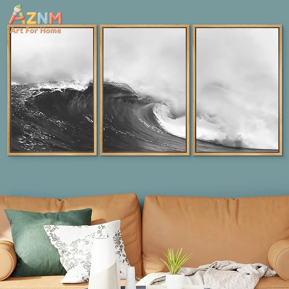 3pcs AZNM Black And White Ocean Wave Seascape Canvas Wall Art, Minimalist Nordic Sea Natural Scenery Poster, High Contrast Aesth