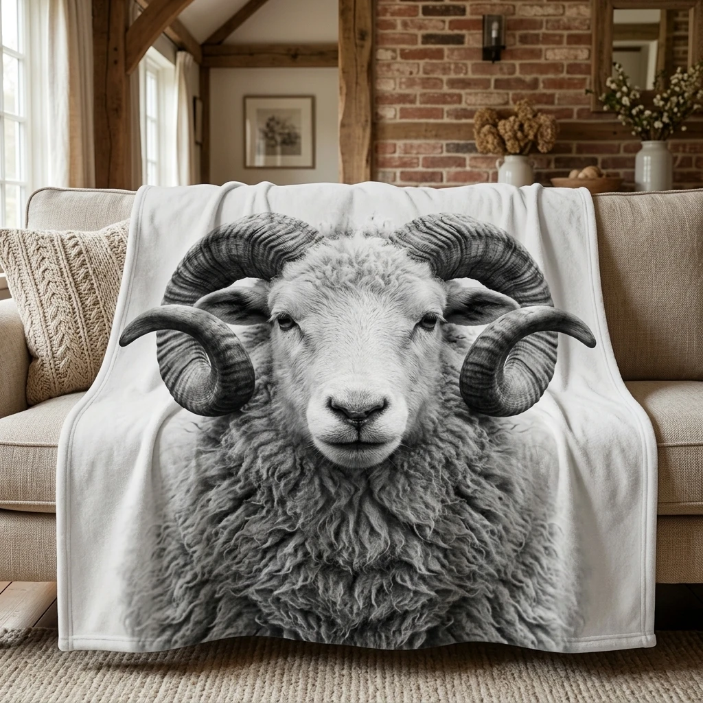 Soft Grey Ram Art Flannel Throw Blanket, Ultra Soft All-Season Throw Blanket as Gift for Sheep Fans