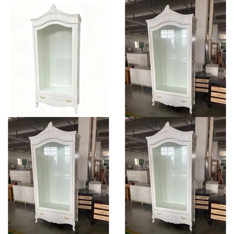 Lightweight French Style White Engraved Glass Display Cabinet with Drawers for Home Storage and Decoration