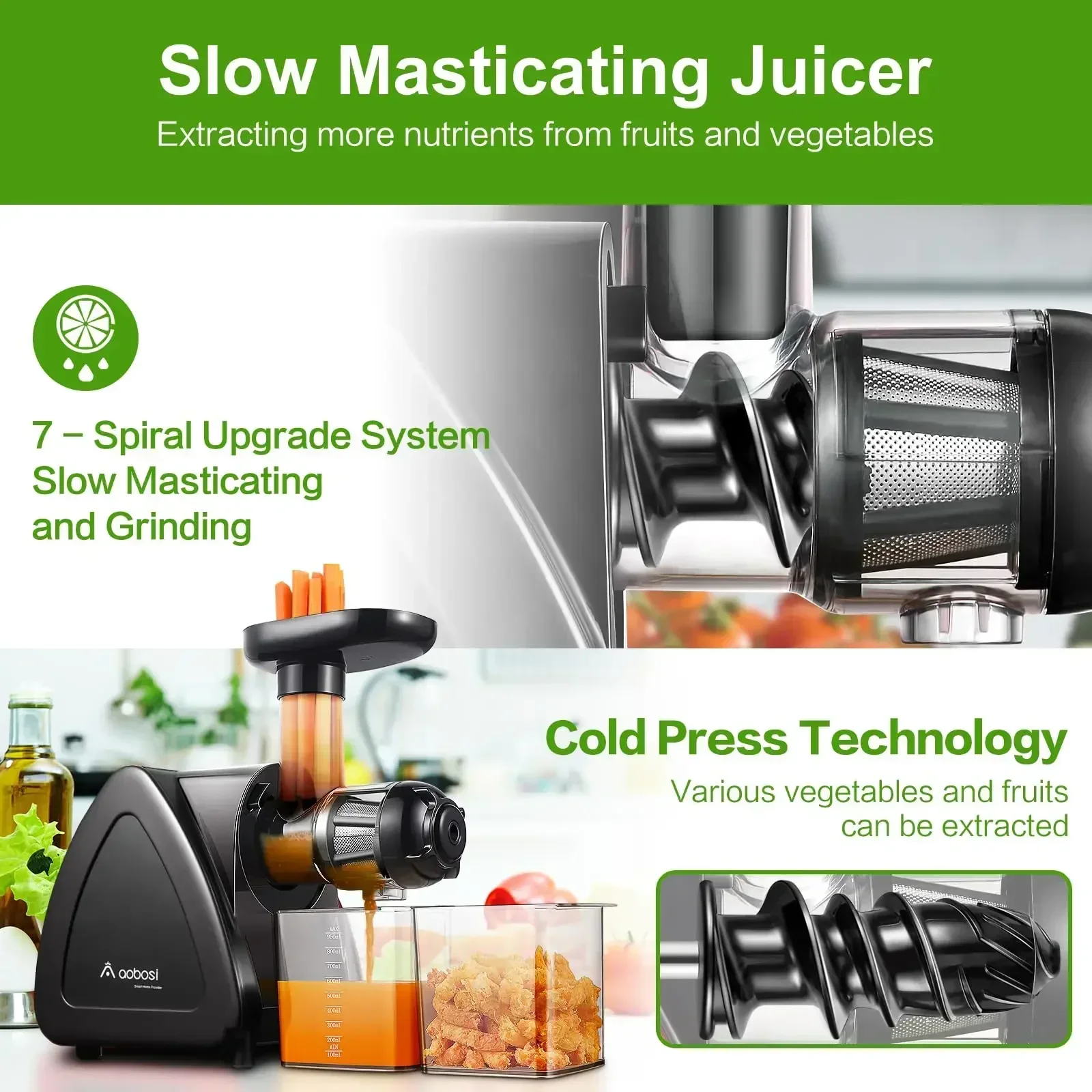 

Juicer Machine, Aobosi Slow Masticating , Cold Press Machines with Reverse Function, Quiet Motor, High Juice Yield