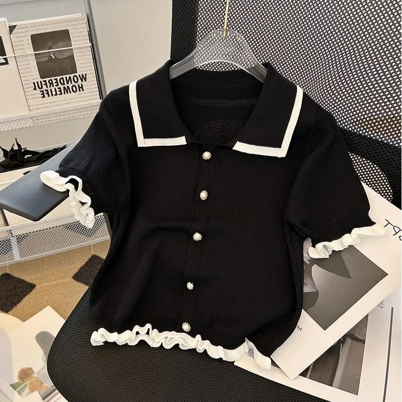 Ice injethly-T-shirt court à manches courtes pour femme, cardigan simple, haut chic, polo assressenti, été