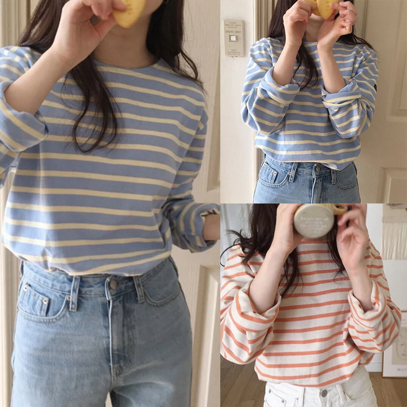 Spring and Autumn New Korean Striped T-shirt Women\'s Long sleeved Loose Inner Laydown Bottom Shirt Versatile Top