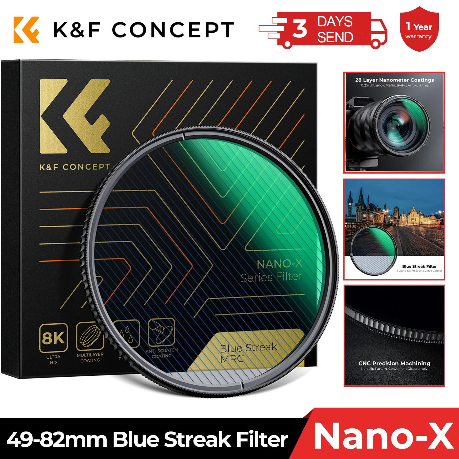 K&F Concept 49-82mm Blue Streak Filter Photography Optical Glass Green Film Streak Flare Camera Lenses Filters Nano-X 62mm 67mm