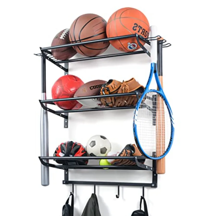 

Garage Sports Equipment Storage Rack with 3 Separate Shelves and Ball Rack for Organizing Badminton Rackets Basketballs Footbal
