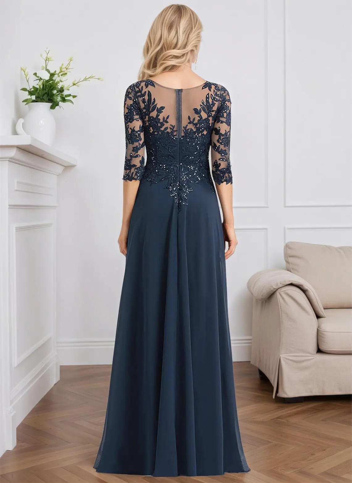 Spitzenapplikationen Kleider für die Brautmutter, 3/4-Ärmel, Chiffon, lange Kleider für die Brautmutter für die Hochzeit