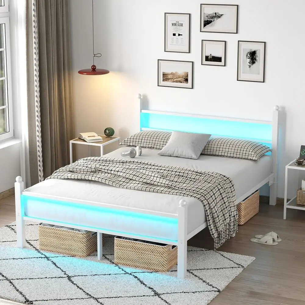 White Metal Bed with Charging Station, LED Lights, Underbed Storage, No Box Spring Required, Noiseless