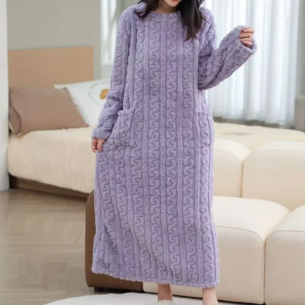 

Women's Long Nightgown Solid Color Fashionable Casual Coral Fleece Warm Mid Length Nightgown Winter Warm Home Clothing