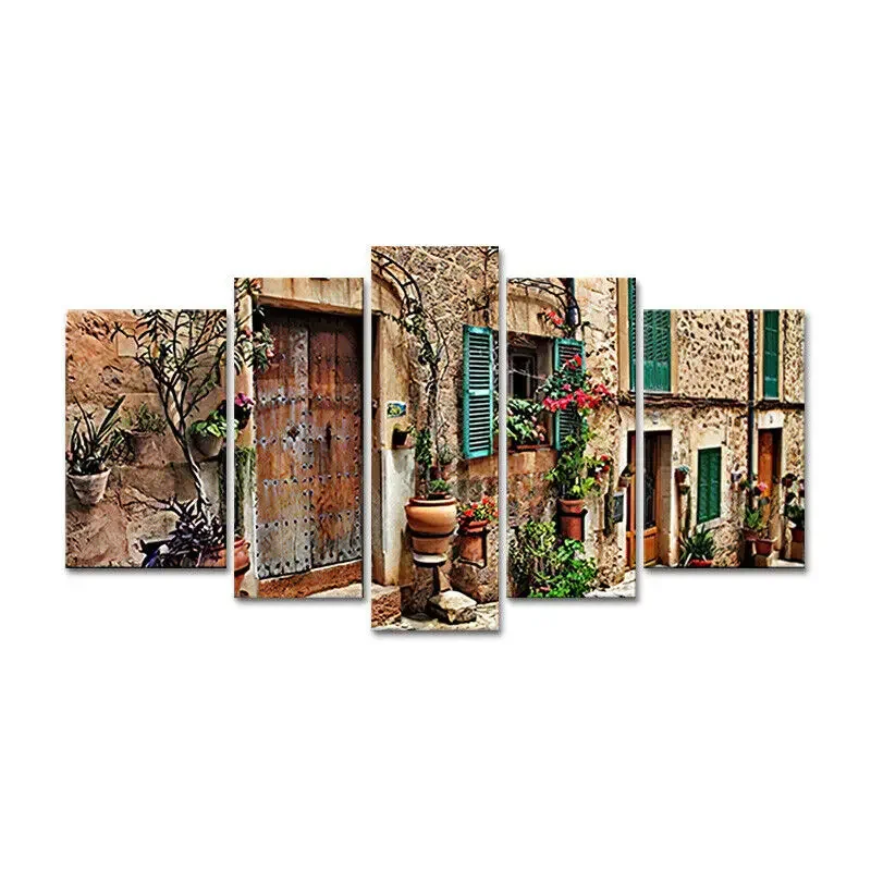 No Framed Canvas 5Pcs Mediterranean Street Tuscan Retro Building Wall Art Posters Pictures for Living Room Home Decor Paintings