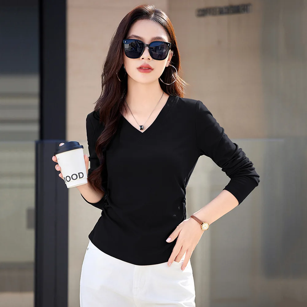 

New Women Spring Autumn Simplicity Irregular T-shirt Fashion V-Neck Long Sleeve Folds T-shirt Casual Basics Short T-shirt