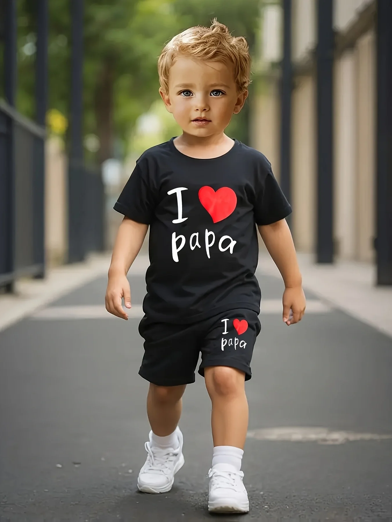 

Baby boy round neck I LOVE Papa letter pattern top+casual shorts set for spring and summer outdoor 2-piece set