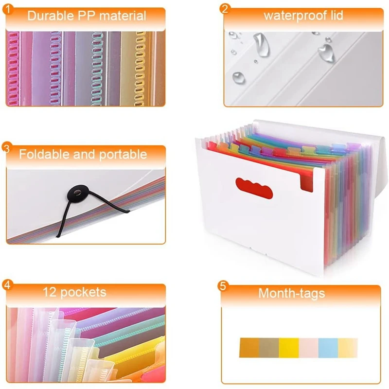 File Folders Portable Expanding 12-Pocket File Folder A4 Accordion File Document Organizer For Home Office School