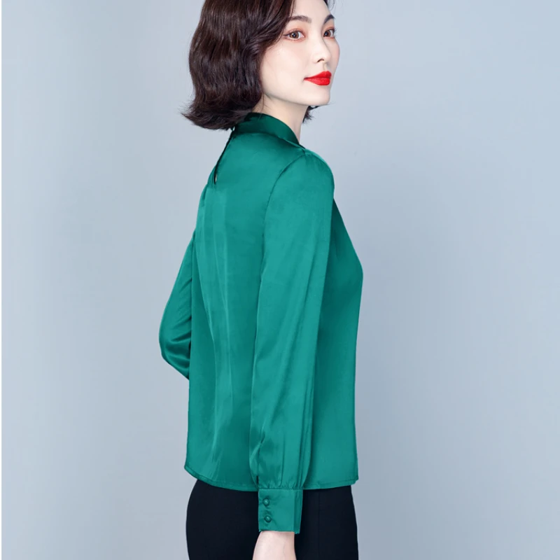 Chiffon Women's Shirt 2025 Spring Female Clothing New Stand Collar Beaded Womens Tops OL Fashionable Long Sleeved Women's Shirts