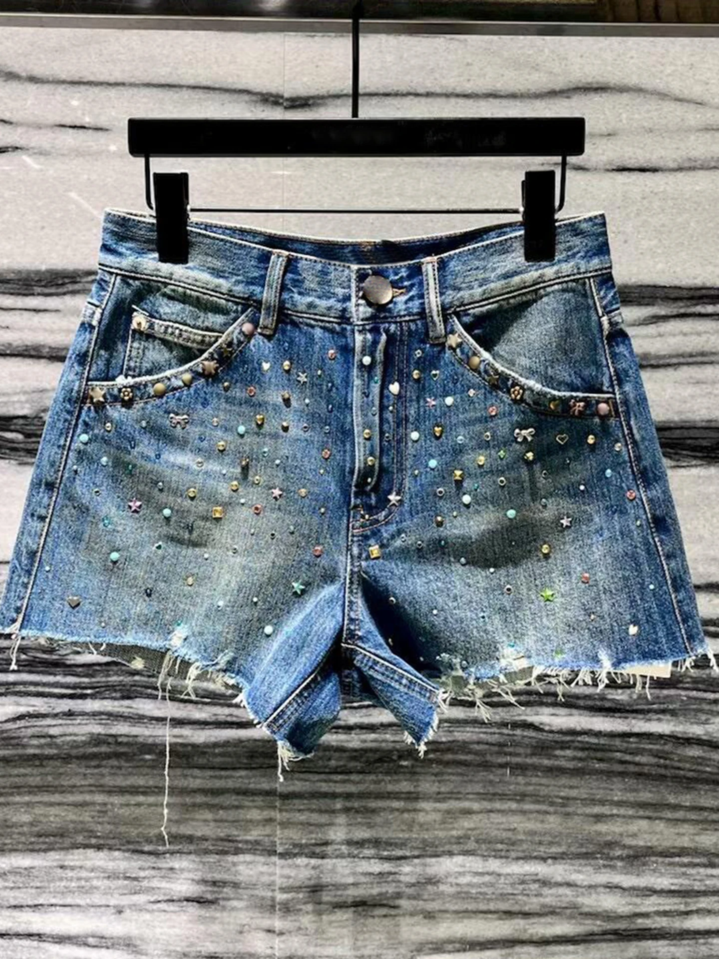 

High Waist Washed Denim Shorts with Diamond Embellishment And Frayed Hem for Women Summer New Arrival Casual Style Blue