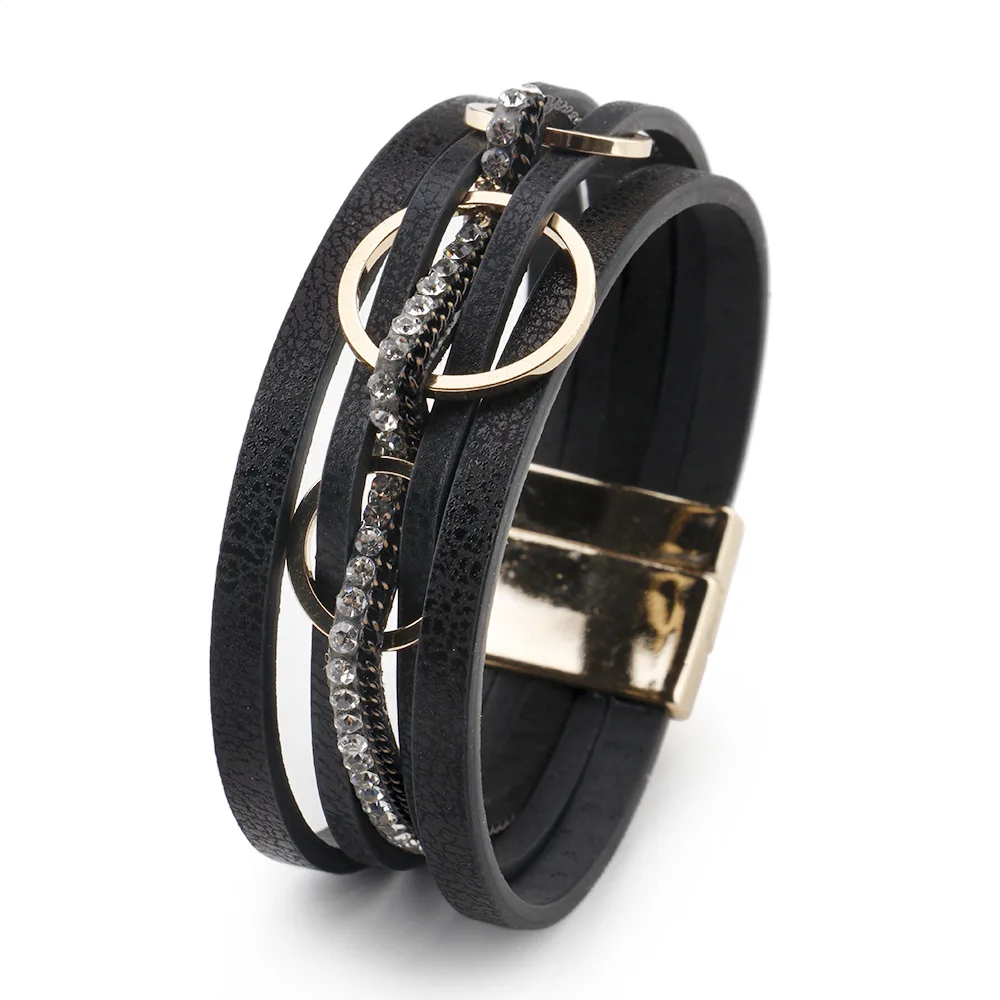 ZG European and American Magnetic Buckle Bracelet For Women Multi-layer PU Leather Circular Ring Design Bracelet Jewelry