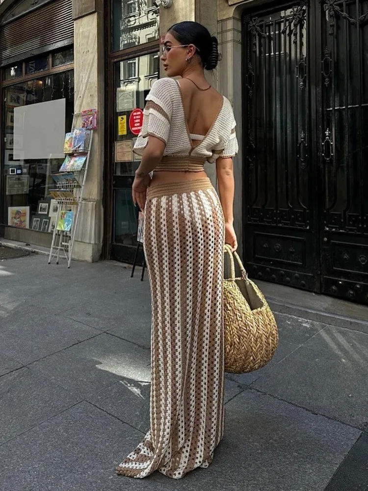 Summer Knitted Beach Skirt Sets Women Sexy Hollow Out Slim Bohemian Outfits Fashion Striped Holiday Two Piece Set 2024 Beachwear