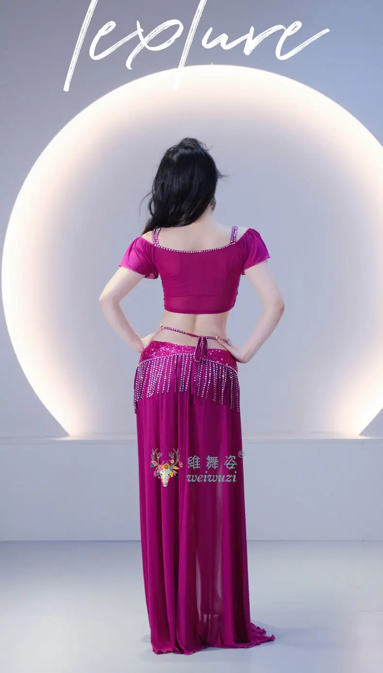 Bauchtanz-Übungskostüme für Damen, bequemes, mit Pailletten besetztes Mesh-Kurztop + Rock-Outfit, professioneller Trainingsanzug für orientalischen Tanz – Detail 4