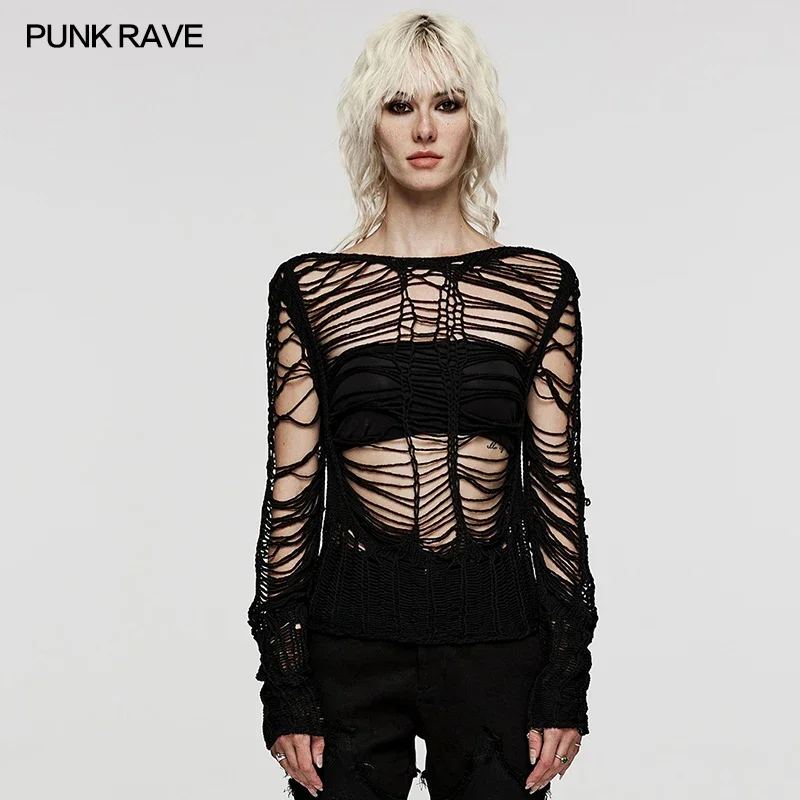 PUNK RAVE donna Punk Sexy Hollow tessuto morbido lana maglione corto personalizzato decalcomania maniche lunghe top pullover