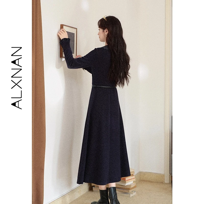 ALXNAN Women's Dress Long Sleeve A-line Knit Dress Navy Blue Elegant Winter Vintage Casual Party Dress Female Clothing DYL662181