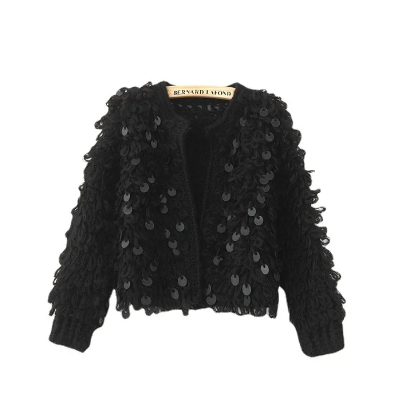 Woman Sequins Mohair Hollow Knitted Cardigan Sweater Tassels Jacket Sequined Fashion Short Coat Open Stitch Streetwear