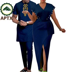African Couple Clothes Men Match Outfits Causal Shirt Pants 2 PCS Set Women V-neck Dress Lover Party Prom Wedding Wear TY23C070