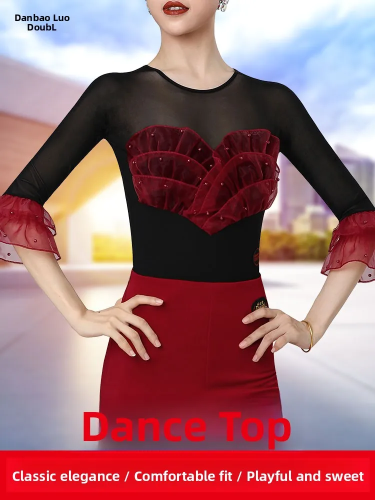 

Red Double Dance Top Women's Bell Sve Practice orm High End Social Dancewear Slim Fit Polyester Square Dance irt