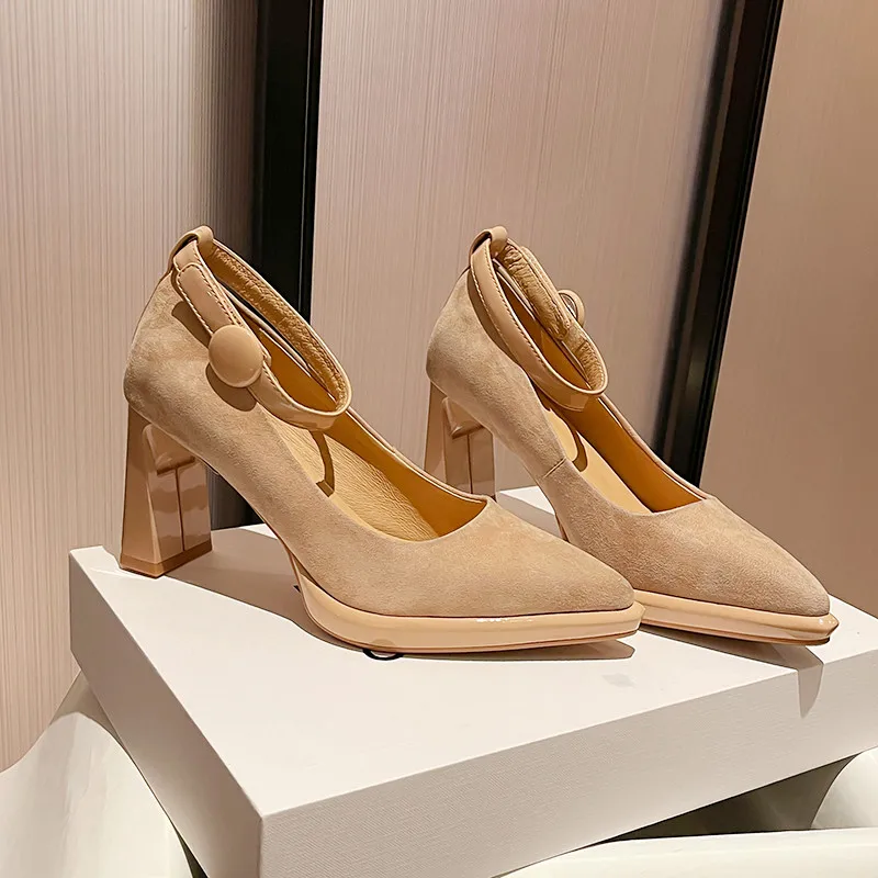 

MKKHOU Fashion Pumps New High Quality Suede Shallow Mouth High Heels with Pointed Toe Thick Sole Ankle Buckle Strap Modern Shoes