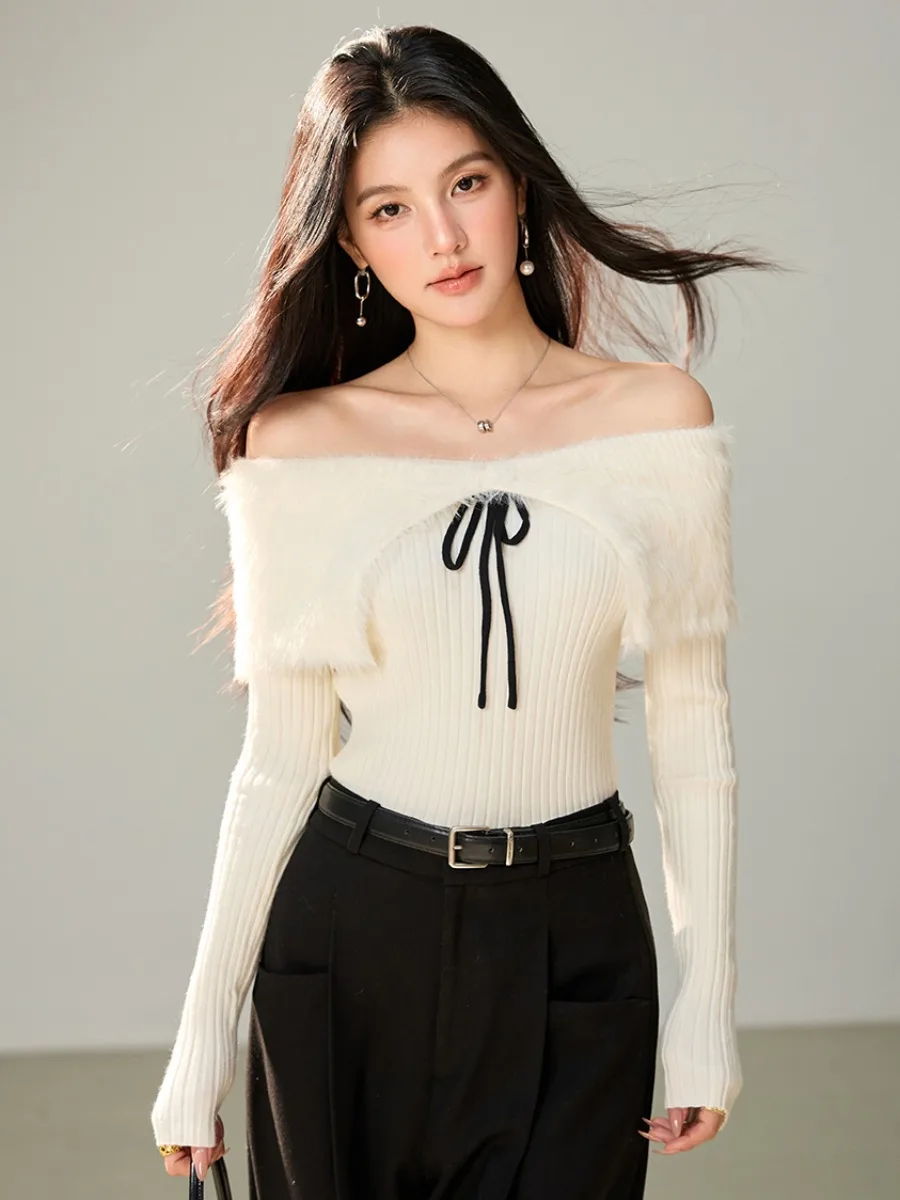 White Long Sleeve Knitted Sweater Women's Slim Fit Shoulder Bared Base Layer  Knot Soft Style Autumn Winter Top