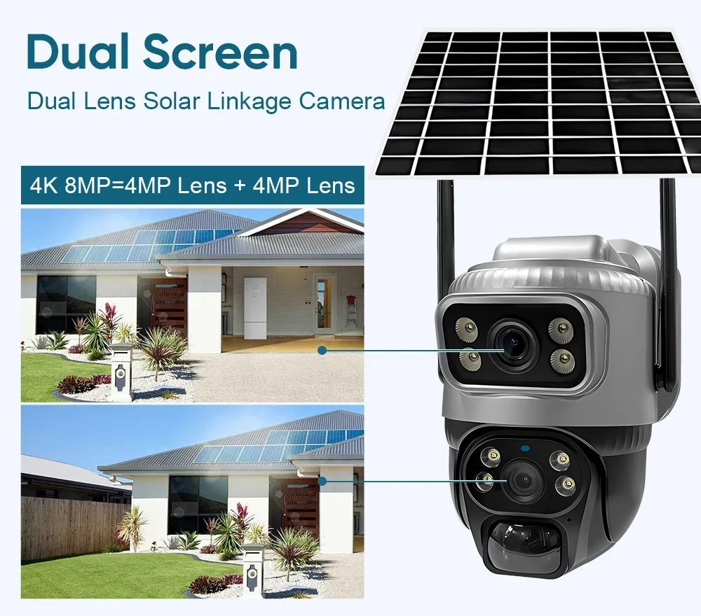 Telecamera Solare 2K Dual Lens Esterna - 360° Wireless, Batteria 10000mAh, IP66, Visione Notturna A Colori