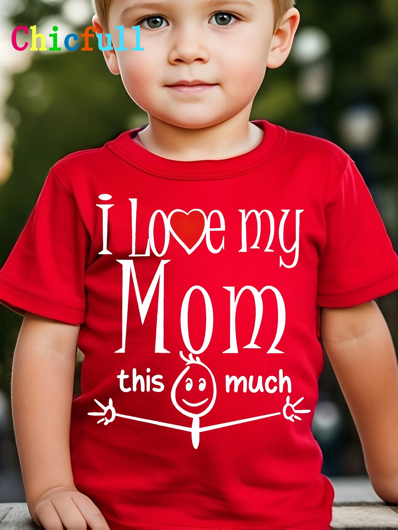 Boys Summer Quote Print T‑ShirtI Love Mommy This Much  Letter Graphic Crew Neck Short‑Sleeve Casual Kids Tee