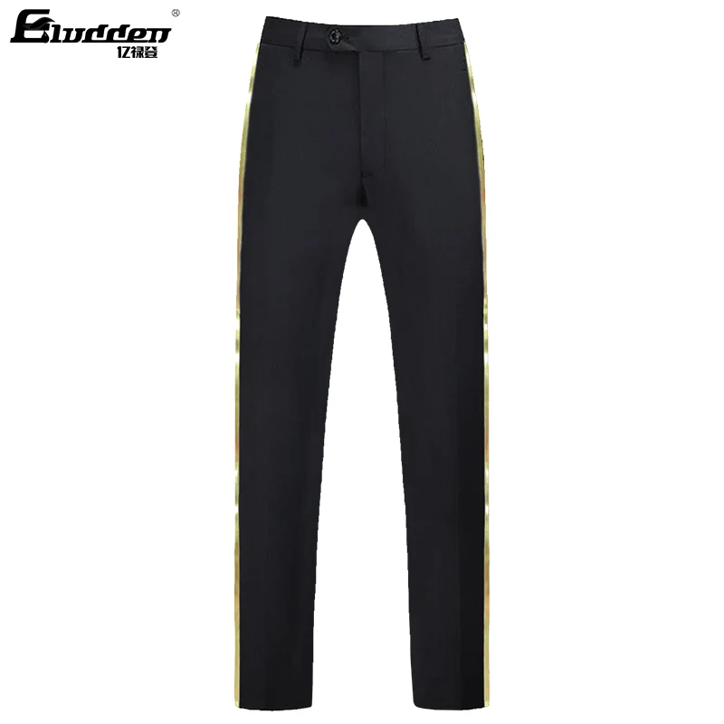 Pantalones de traje negros para hombre, pantalones formales informales con ribete de cuero dorado para oficina de negocios, pantalones formales rectos elásticos de talla grande