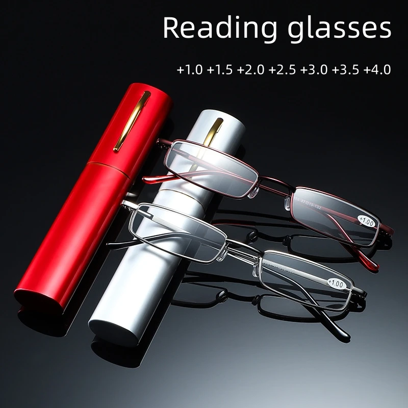 Elegant Portable Mini Reading Glasses Metal Frame Pen Box Ultra-thin Men Women Reading Glasses Presbyopia Eyeglasses With Box