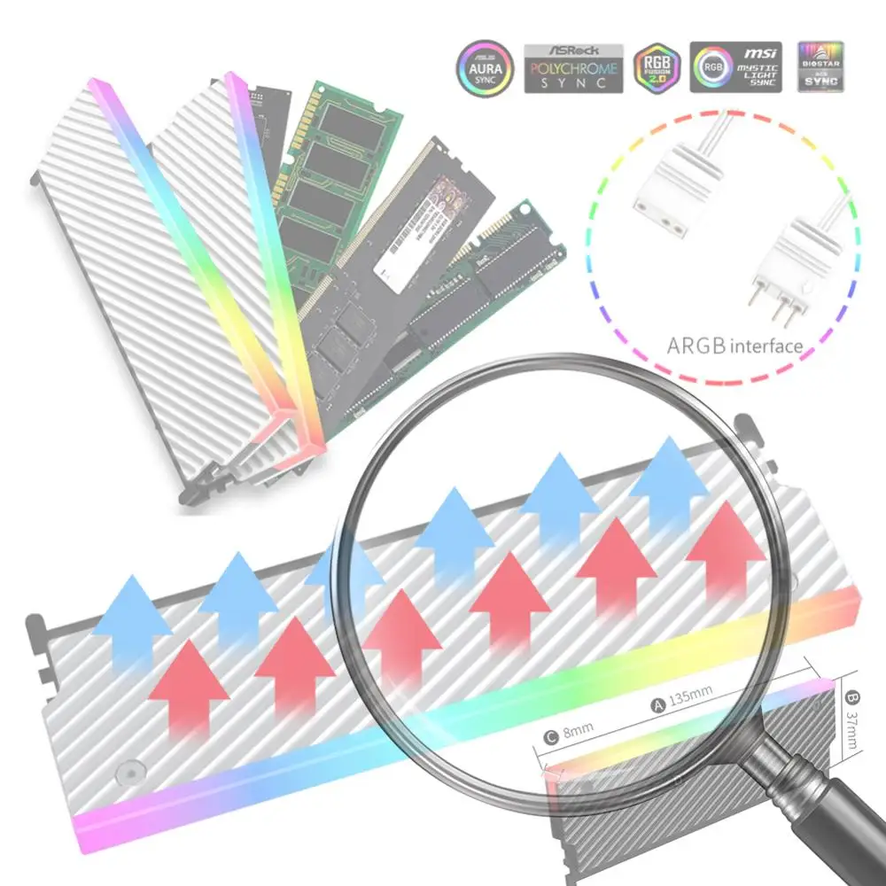 

Радиатор памяти 5V 3PIN ARGB из алюминиевого сплава с термопрокладкой для оперативной памяти DDR2 DDR3 DDR4 DDR5 для настольных ПК