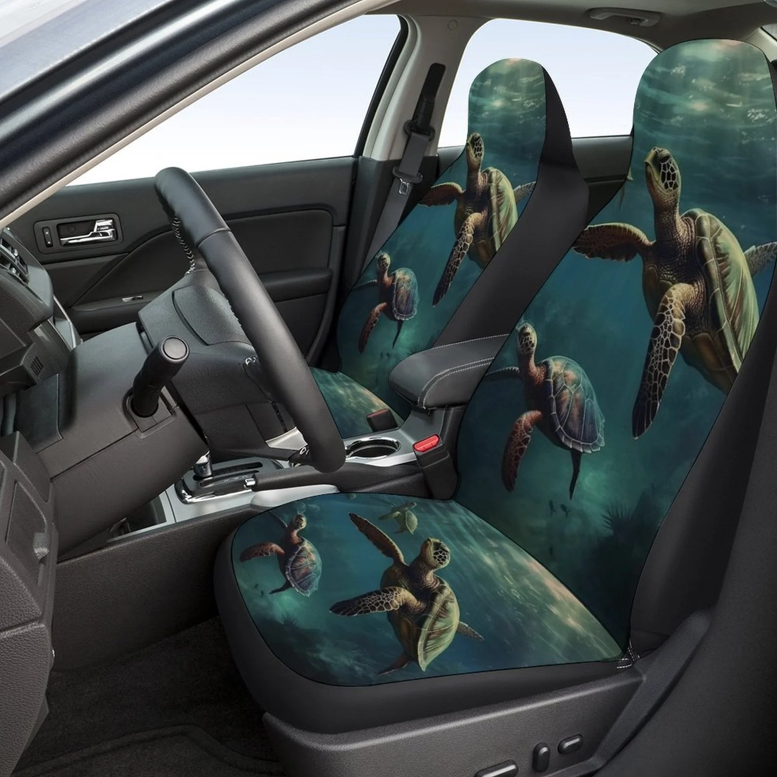 

2pcs Of Breathable And Non-Slip Car Front Covers Featuring Underwater Sea Turtles.
