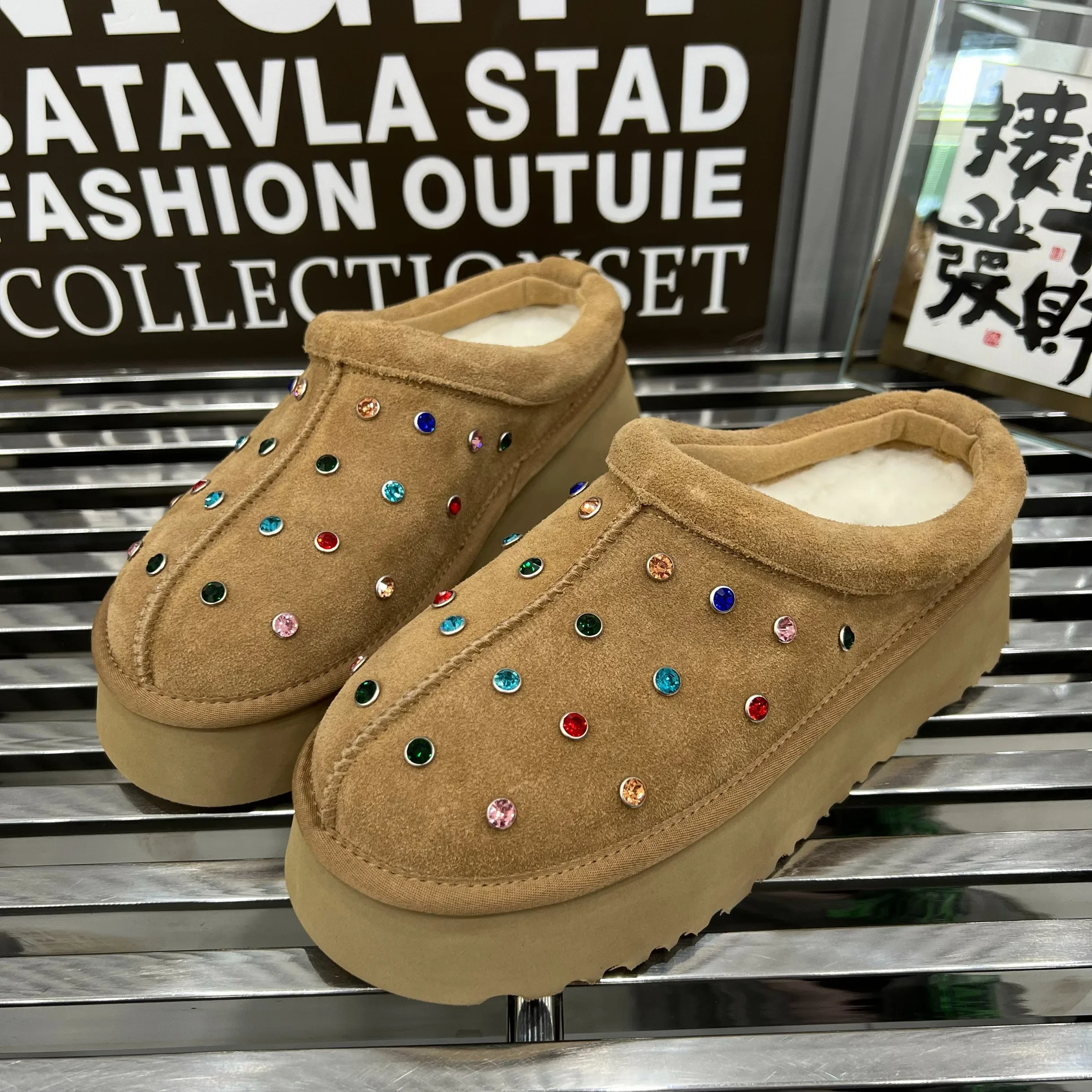 Womens Real Leather Rhinestones Rainbow Crystal Platform Wedge High Heel Warm Winter Mules Slipper Plush Slides Shoes Thick