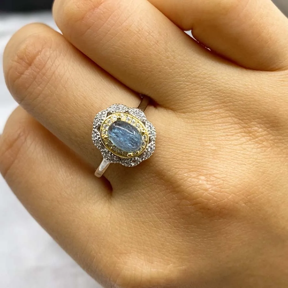 HOYON Natural Sea Blue Treasure Women\'s Ring s925 Sterling Silver Luxury Crystal Colored Gemstone Retro Palace Jewelry Gift