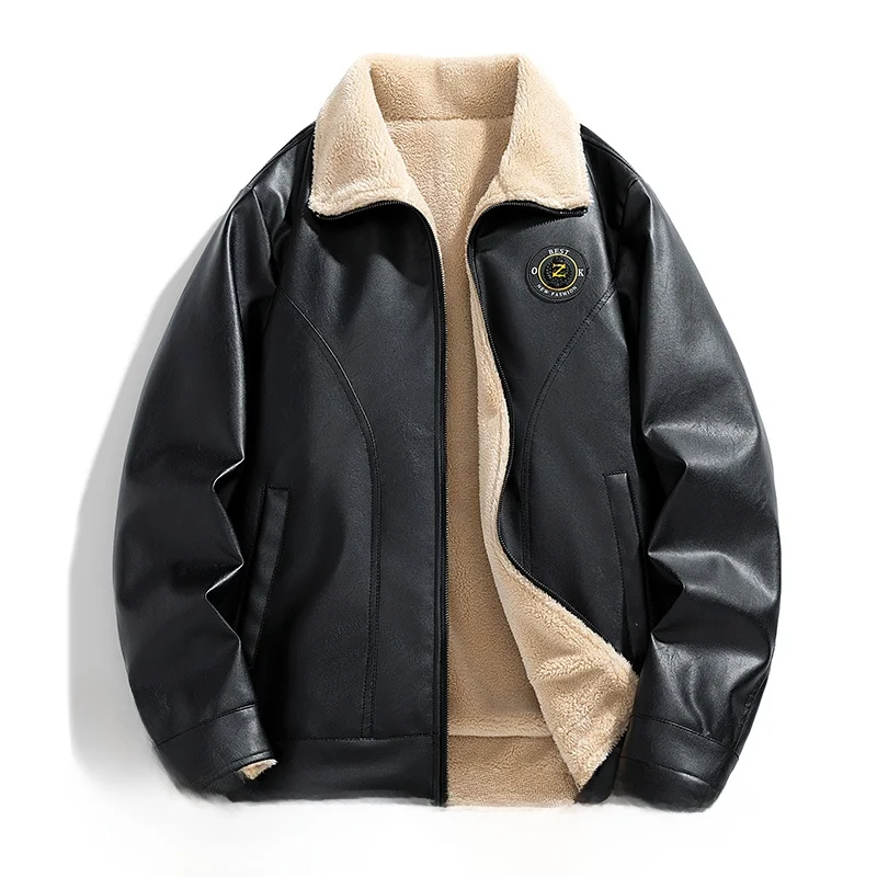 

Retro Fce Lined Biker Jaet Men's Winter Thiened Lamb Fur Coat Stand Collar Youth Motorcycle Leather Jaet Warmth
