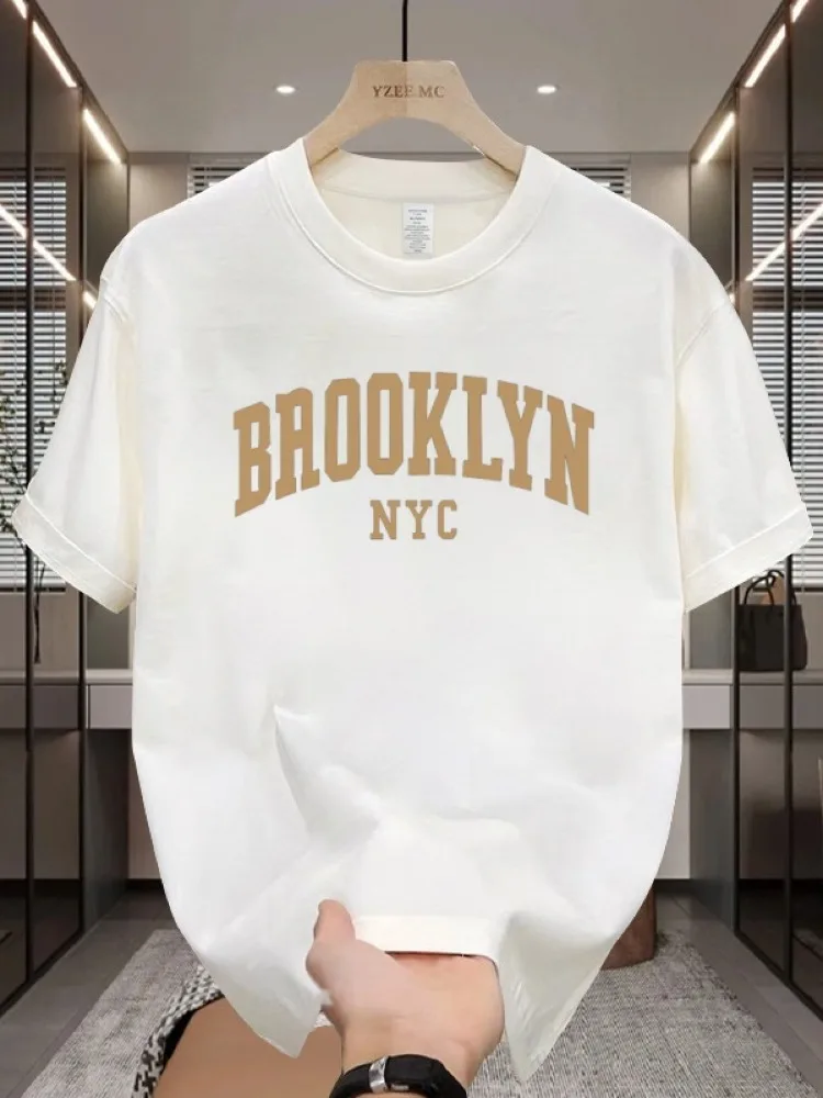 Summer Men's 100% Pure Cotton Casual Fashion Brooklyn Nyc Letter Printed Loose Sports Round Neck Short Sleeved T-shirt Top