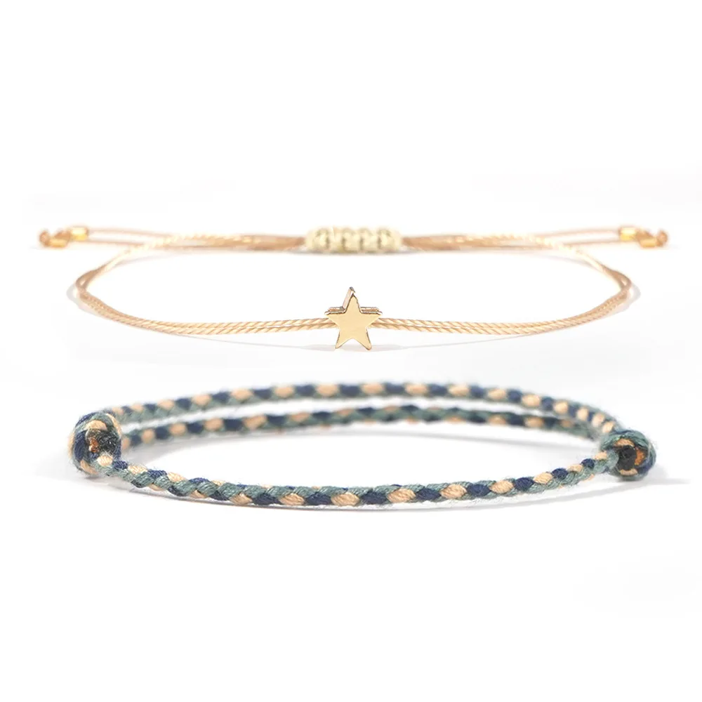2Pcs Best Friend Star Bracelet Set, Adjustable String & Gold Color Rope Bracelets Friendship Jewelry Gift with Card