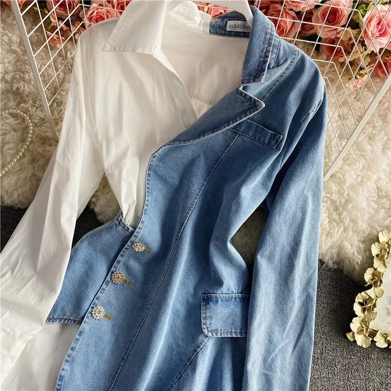 Spring  fashion irregular denim stitching long-sleeved shirt Dress Female suit Dress personality stitching dress fashion Women