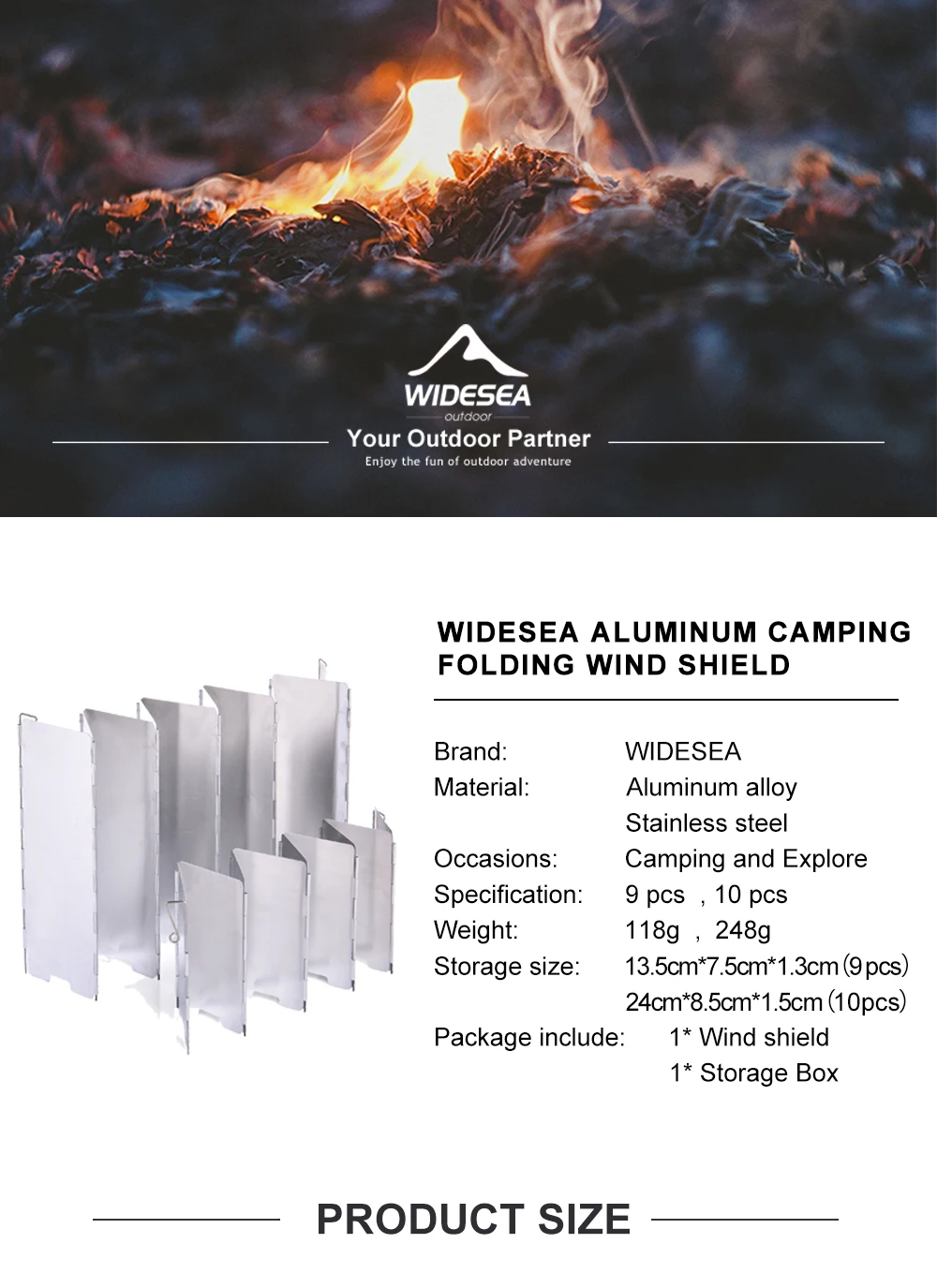 Widesea Tragbarer Camping-Windschutz aus Aluminiumlegierung, Edelstahl, 9 Stück, winddichter Herdschirm mit Aufbewahrungsbox für Outdoor-Coo – Detail 1