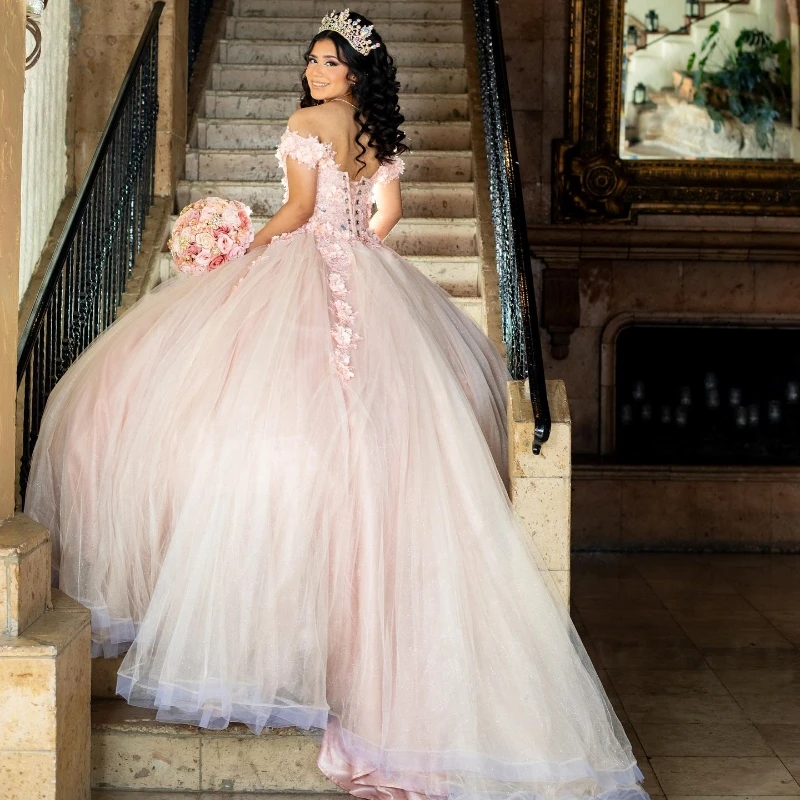 

Customized Pink Quinceanera Dress Off Shoulder Applique 3D Floral Beading Princess Mexican Ball Gown Vestidos De Fiesta YQD549