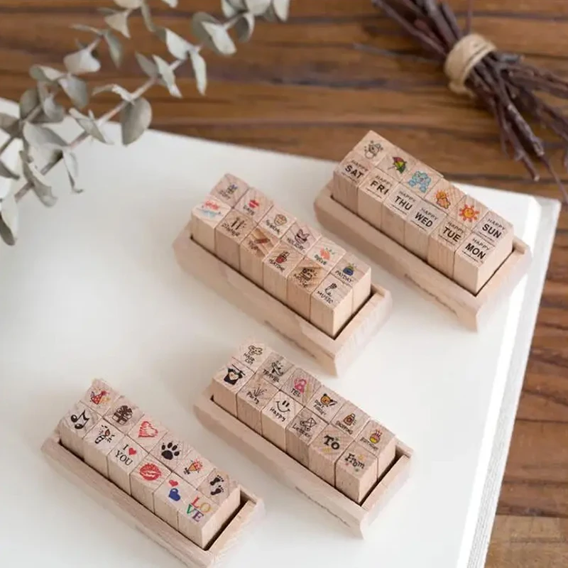 12Pcs/set Vintage Happy Life Diary Girl Cute Cartoon DIY Wooden Rubber Stamp with Box for Scrapbook Craft DIY Scrapbooking Card