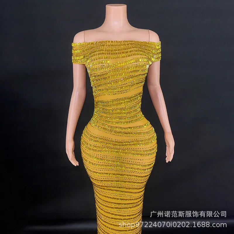 Robe de tempérament mince à épaules dénudées de diamant jaune brillant, tenue de soirée à la mode, tapis rouge, spectacle de marche, uniforme de présentation, robes de Gala