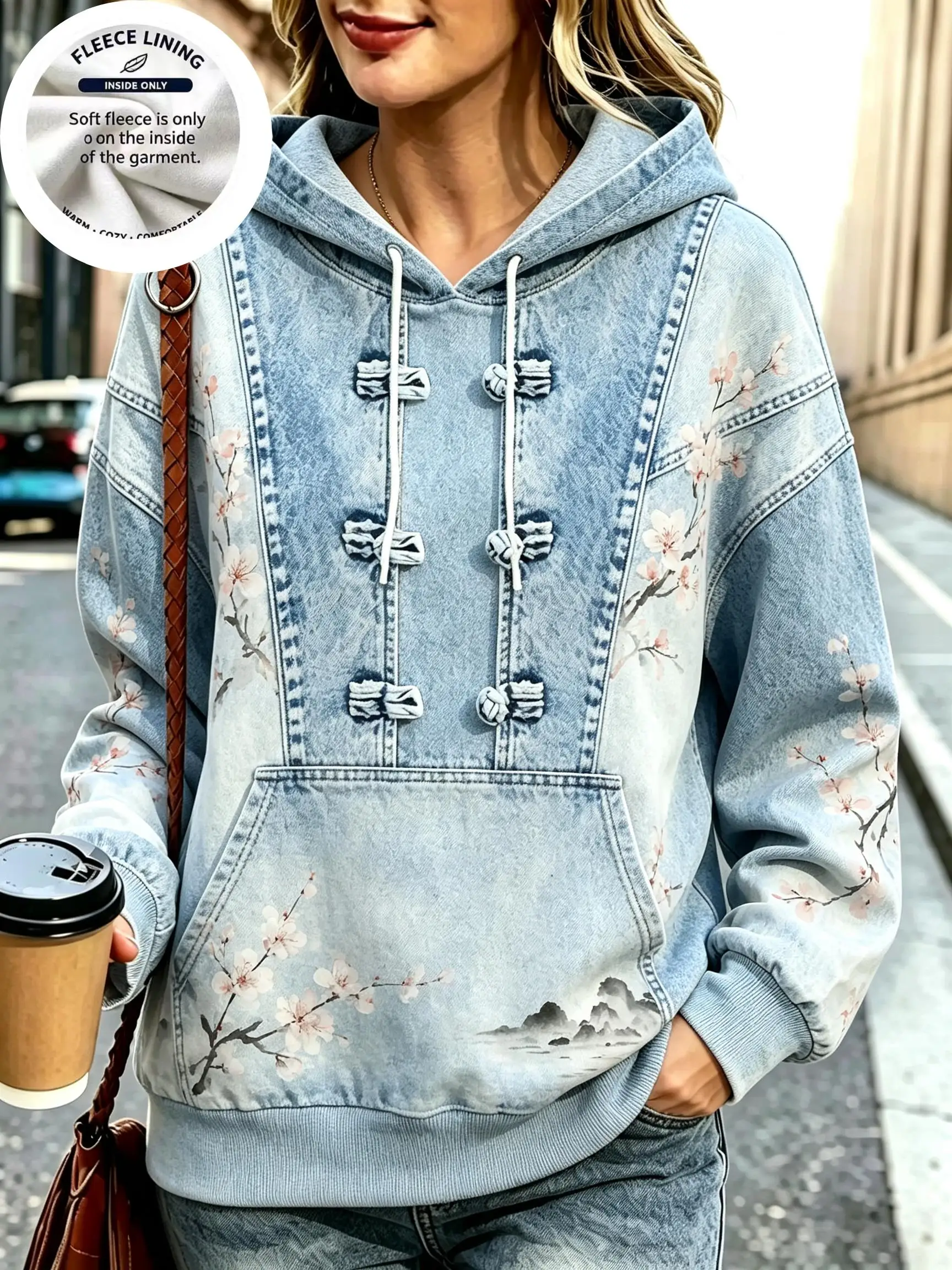 Women Fleece Hoodie, Chinese Style Fake Denim Frog Button Print Hooded Sweatshirt Ink Floral Mountain Pullover